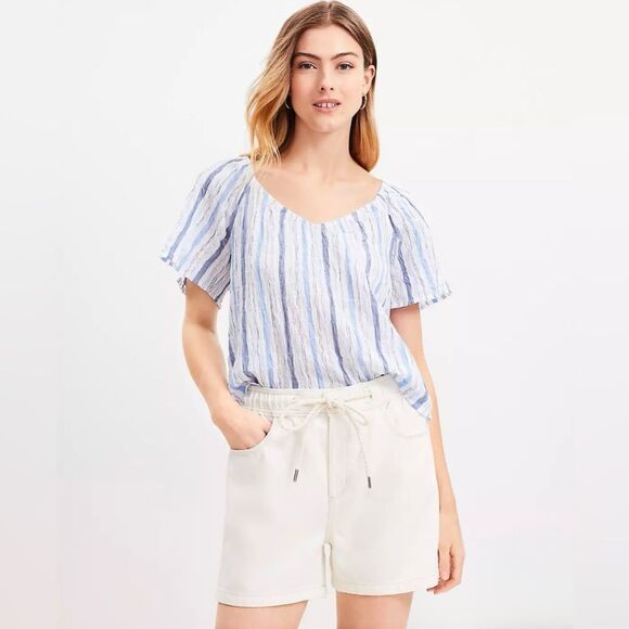 LOFT Sweetheart Neck Cotton Blend Top in Blue Multi Stripe - Size XL - Picture 1 of 7